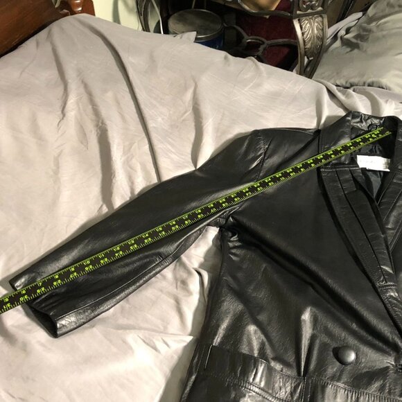 Vintage Charles Klein Womens Leather Trench Cota Small Black Button Front Biker - Picture 10 of 16